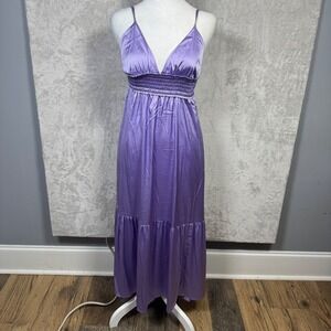 Steve Madden Purple Satin Maxi Dress Smocked Open Back S Tiered Adjustable Strap